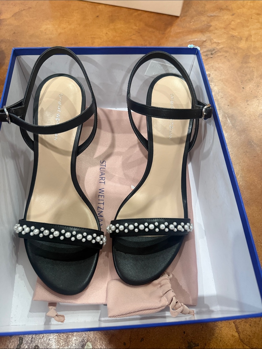 Stuart Weitzman Black Pearl-Accented Ankle-Strap Sandals